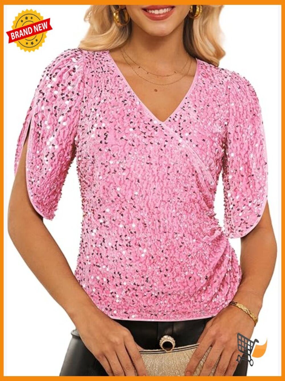 V-Neck Sequin Velvet Blouse 3/4 Sleeve Ruched Party Top